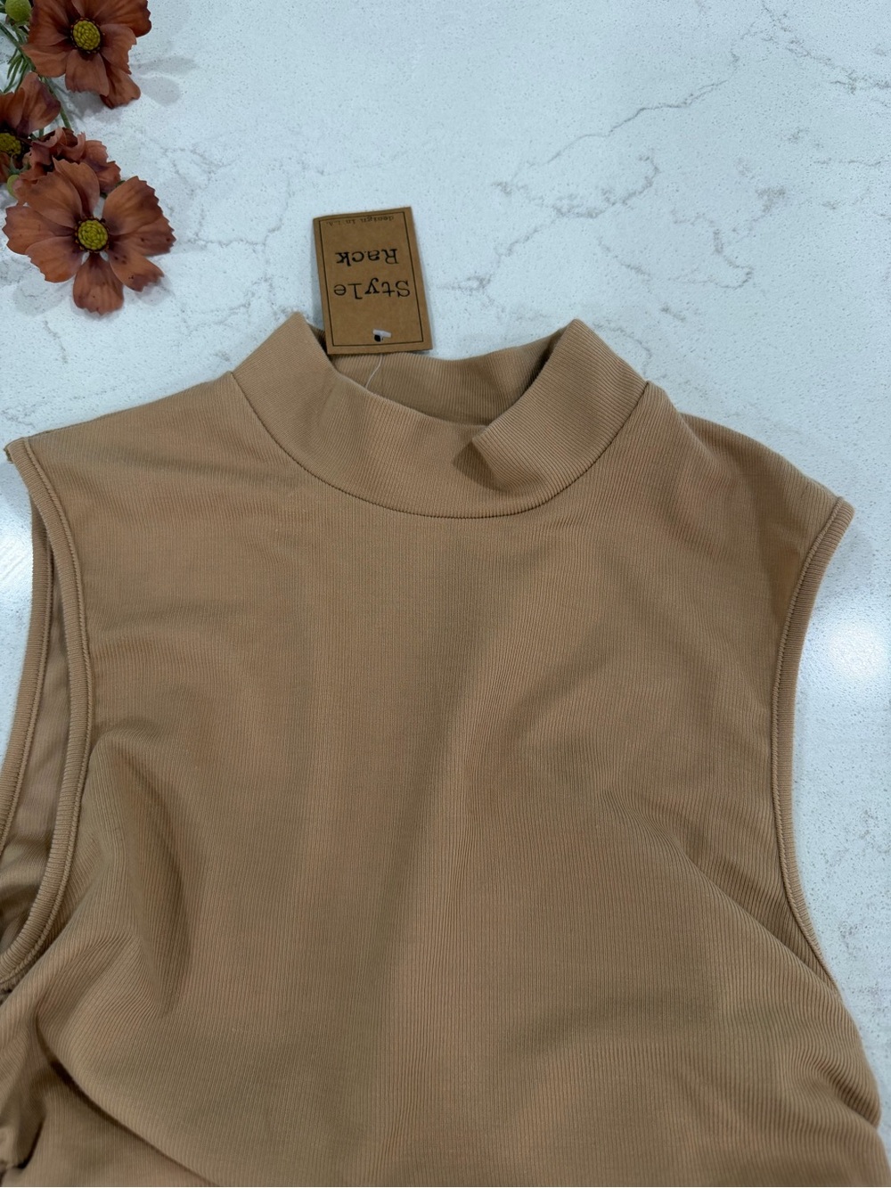 Style Rack Tan Mock Neck Ruched Mini Dress - Picture 4 of 8
